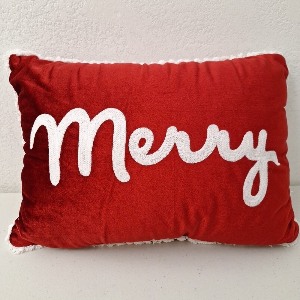 Silky Red Velvet Merry Christmas Pillow Stitched Script w/ Fringe 18" x 14" - Picture 3 of 11